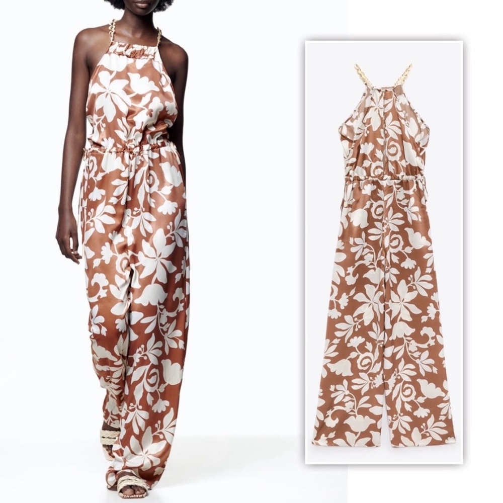 Zara chain trim floral/ leaf printed satin effect jumpsuit NWT